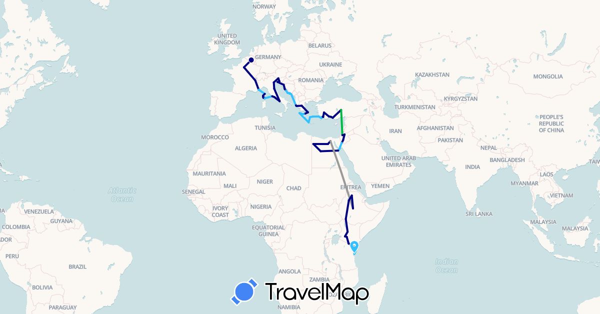 TravelMap itinerary: driving, bus, plane, boat in Belgium, Egypt, Ethiopia, France, Greece, Croatia, Israel, Italy, Jordan, Kenya, Slovenia, San Marino, Turkey, Tanzania (Africa, Asia, Europe)